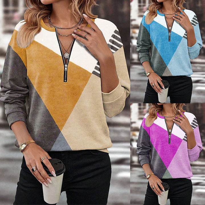 Damen Freizeitsweatshirt mit Halbzipp und geometrischem Farbkombinationsmuster Echoarchiv