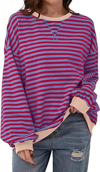 Damen Lässiges Oversize-Streifen-Sweatshirt mit Raglanärmeln und Kontrastbündchen – Mavelle