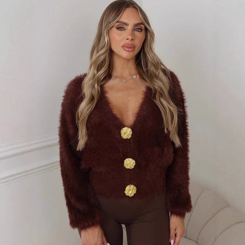 Damen Flauschige Kurzjacke mit V-Ausschnitt und metallischen Zierknöpfen Echoarchiv