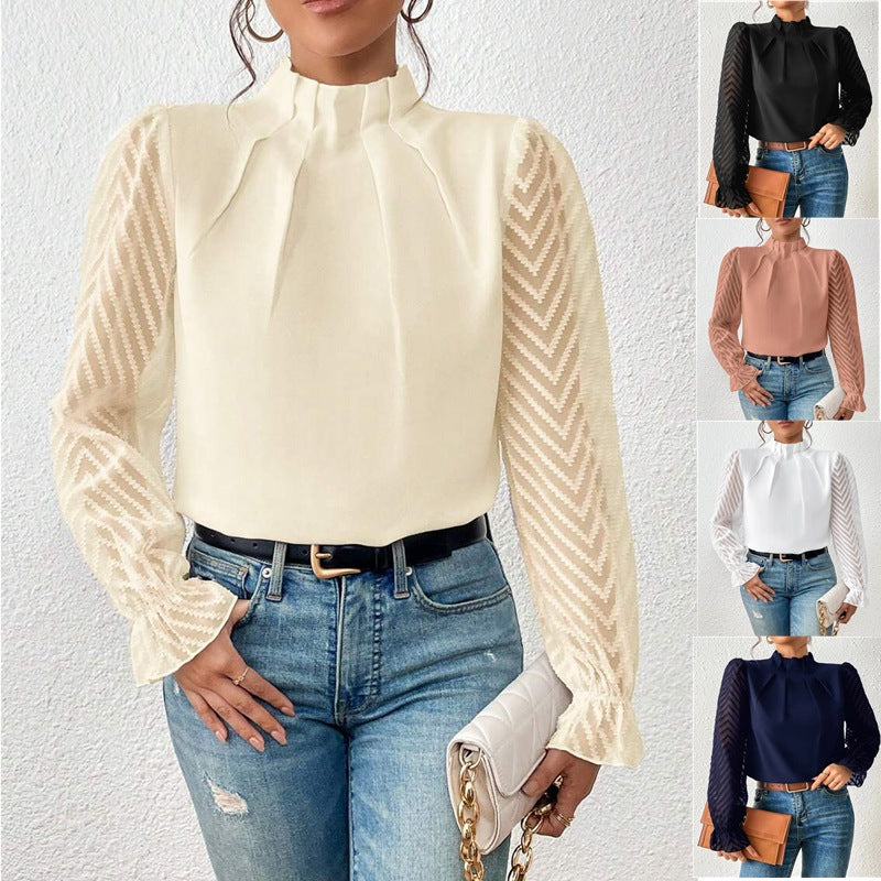 Damen Taillierte Chiffonbluse mit Stehkragen und transparenten Chevron-Ärmeln Echo Archiv