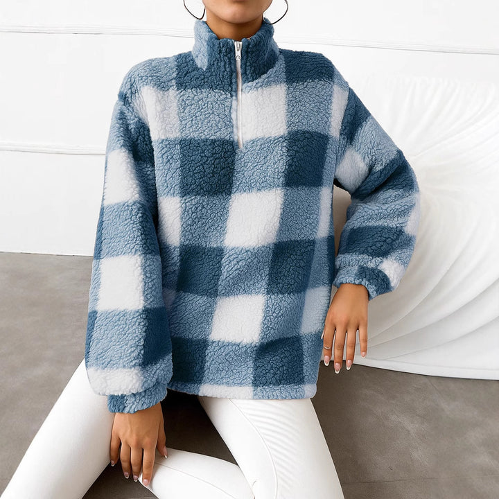 Damen nan kariertes Teddy-Fleece Pullover mit Stehkragen und halbhohem Reißverschluss Echo Archiv