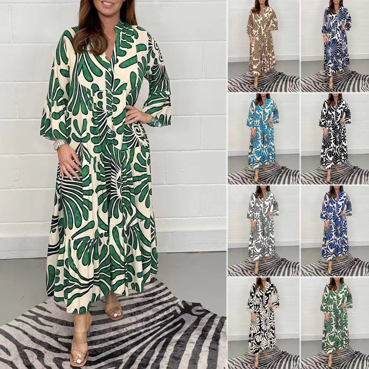 Damen Lange Stufen Kleid mit Knopfleiste und abstraktem Blattdruck Echoarchiv