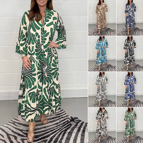 Damen Lange Stufen Kleid mit Knopfleiste und abstraktem Blattdruck Echoarchiv