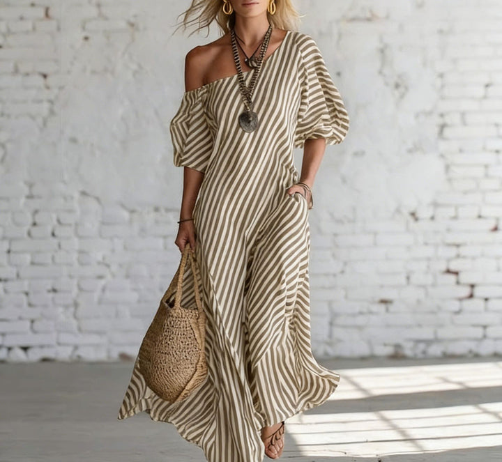 Damen Maxikleid mit asymmetrischem Schnitt und auffälligen Streifen Echo Archiv