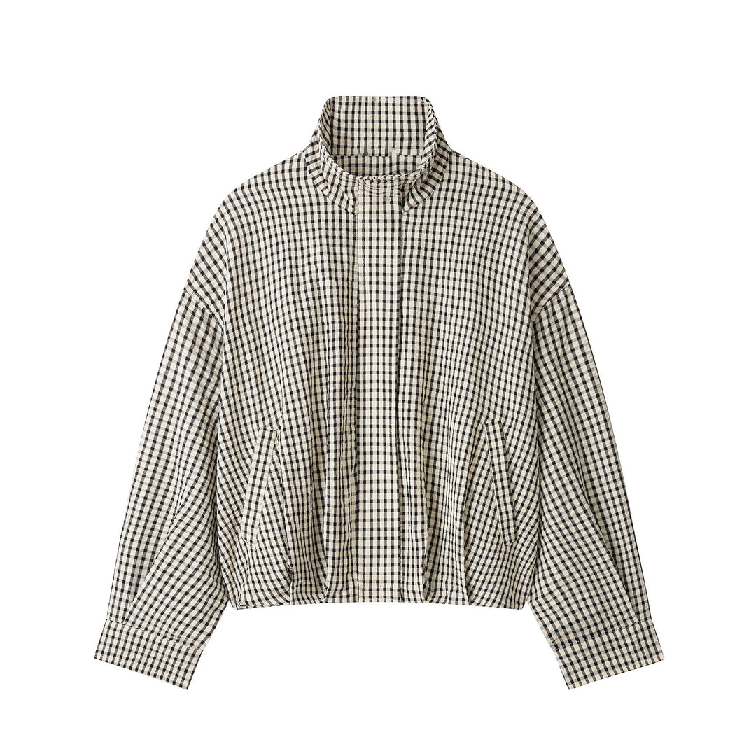 Damen Karo-Overshirt mit Stehkragen und kastiger Cropped-Silhouette Echoarchiv