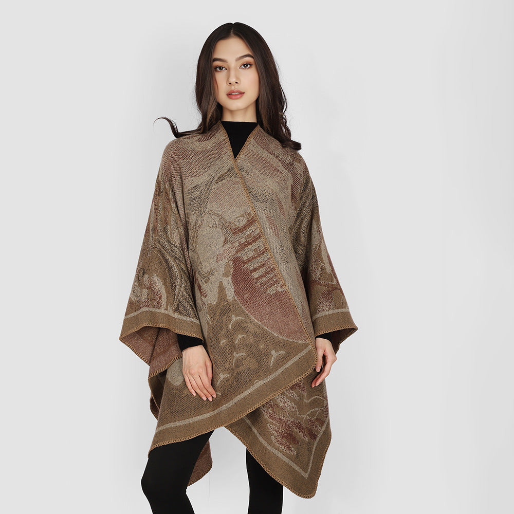 Damen Jacquard-Cape mit grafischem Blumenmotiv und kastigem Oversize-Schnitt – Avérine