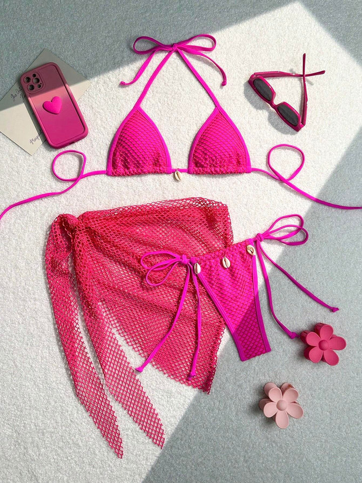 Damen Triangel-Bikini mit transparentem Netzgewebe und Schnürdetails Echo Archiv