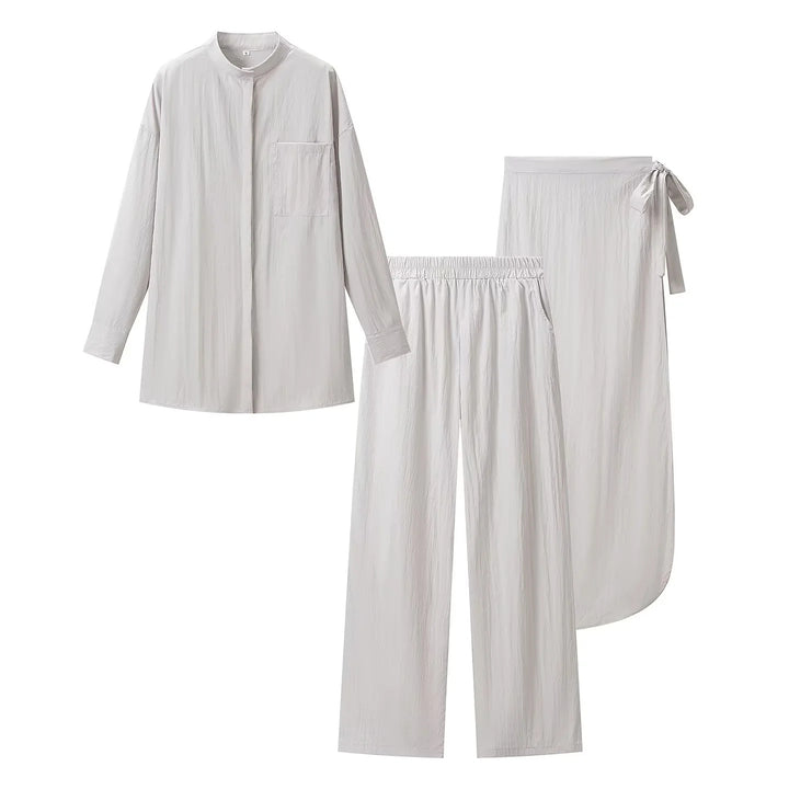 Damen nan luxuriöses Lounge-Dreiteiler-Set mit Oversize-Hemd, Elastikbund-Hose und Wickelrock Echo Archiv