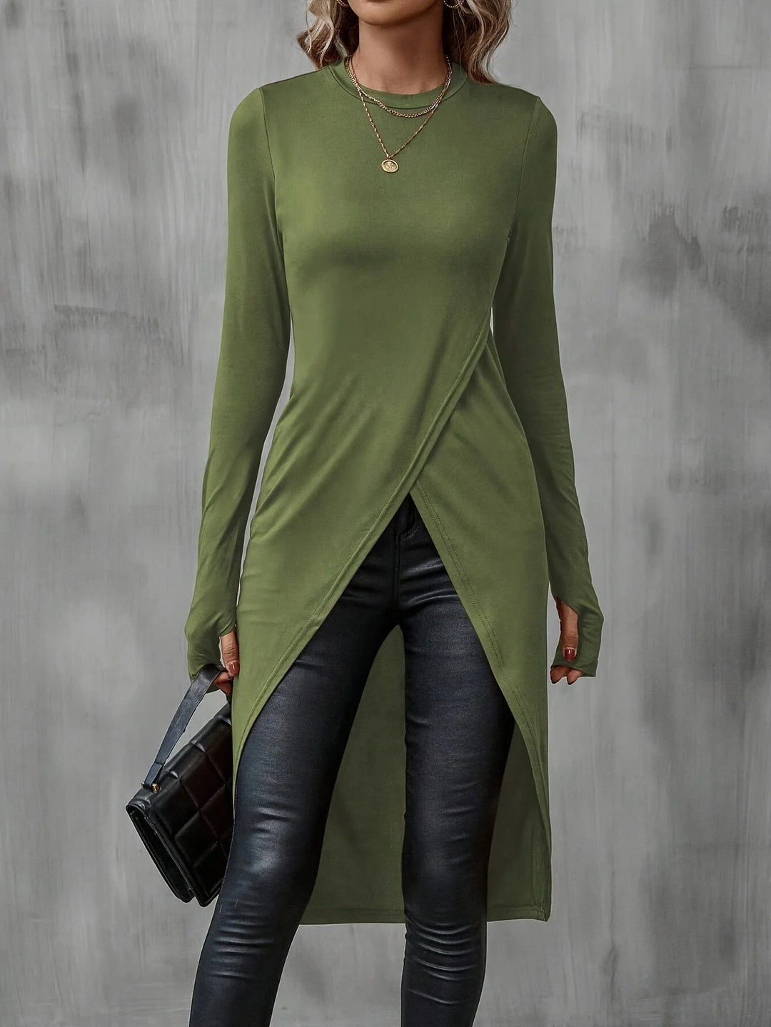 Damen Langes asymmetrisches Wickel-Tunika-Top mit Frontschlitz – Avérine