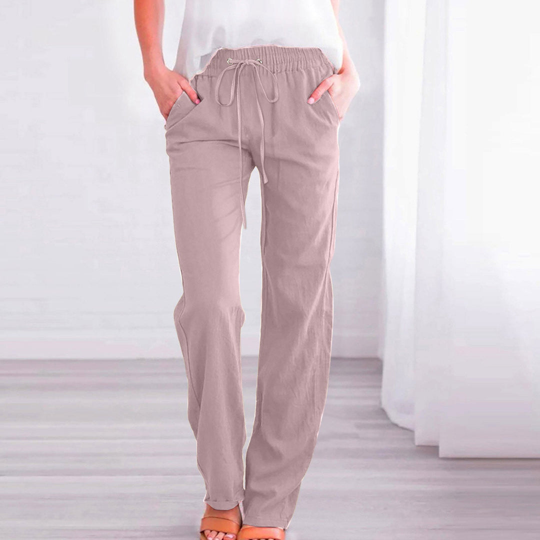 Damen Bequeme Leinen-Hose mit elastischem Bund und Taschen Echoarchiv