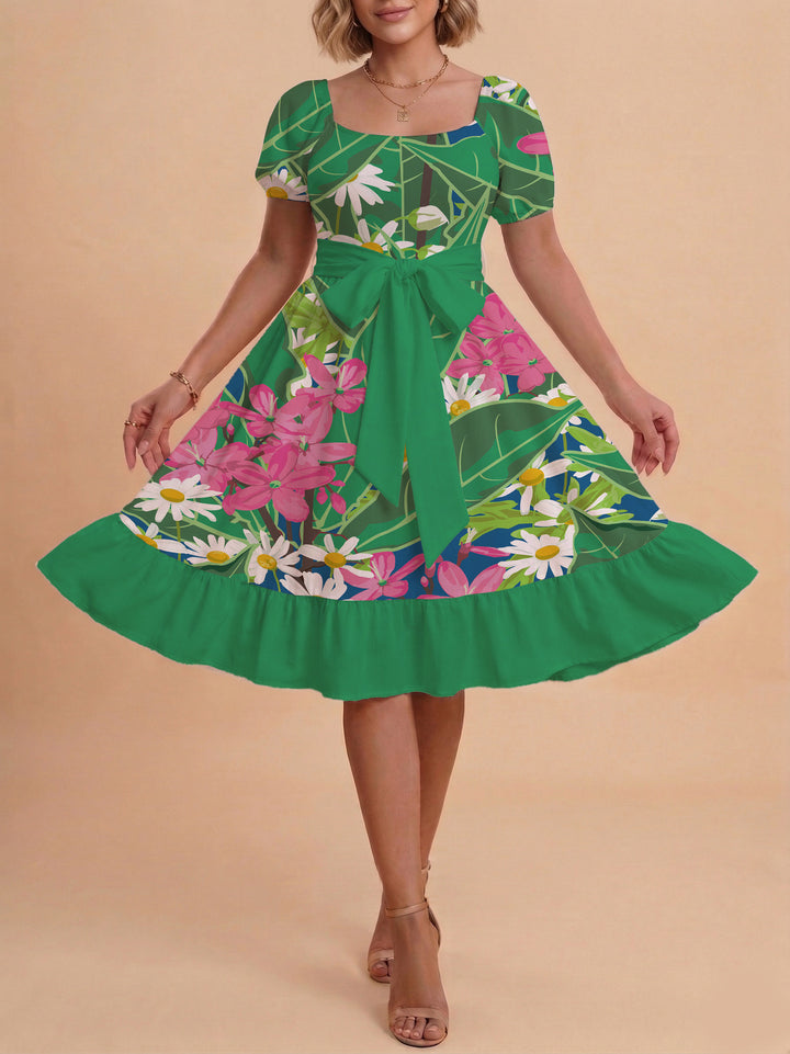 Damen modernes Blumenkleid mit elegantem Taillengürtel und asymmetrischem Saum Echo Archiv