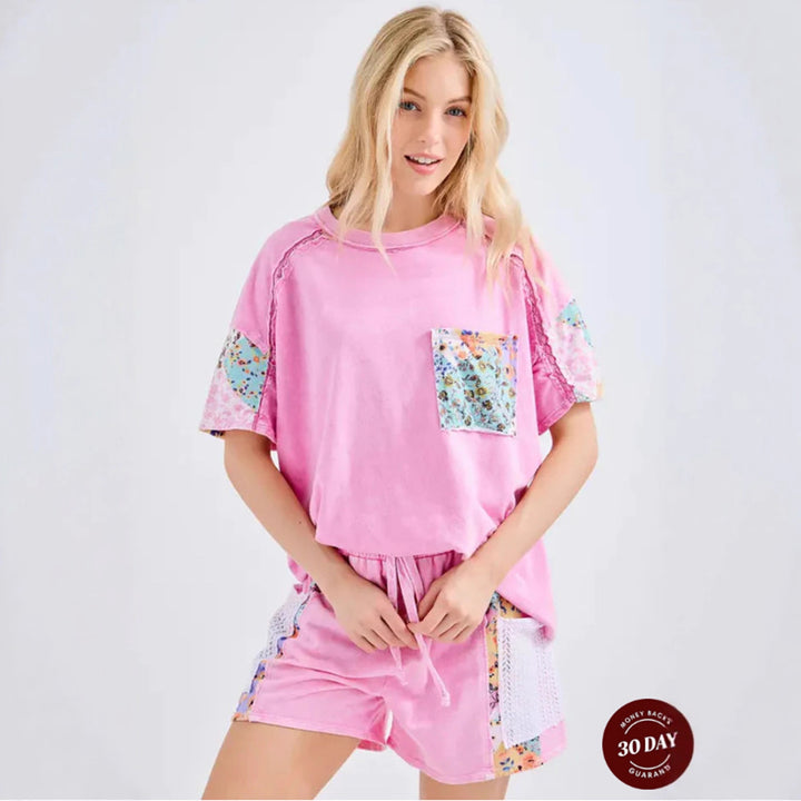 Damen nan lässiges Loungewear-Zweiteiler mit Oversize-Shirt, Kordelshorts, Patchwork-Tasche und Häkelbesatz Echo Archiv