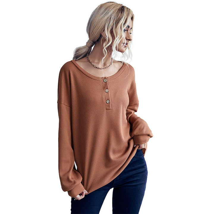 Damen Waffelstrick-Pullover mit Henley-Knopfleiste und überschnittener Schulter Echoarchiv