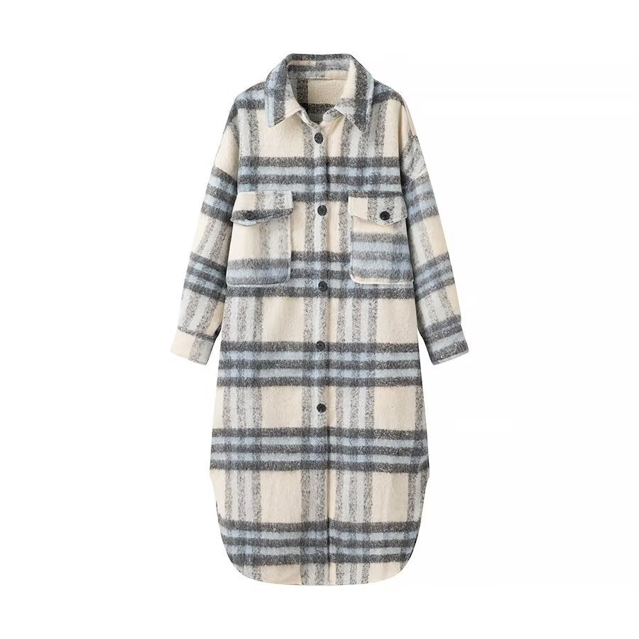 Damen Langer karierter Teddy‑Mantel in Shirtjacken‑Optik mit Hemdkragen und aufgesetzten Taschen Echo Archiv