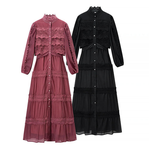 Damen romantisches Maxikleid mit Stehkragen, Knopfleiste und gehäkelten Spitzeneinsätzen – Valéora