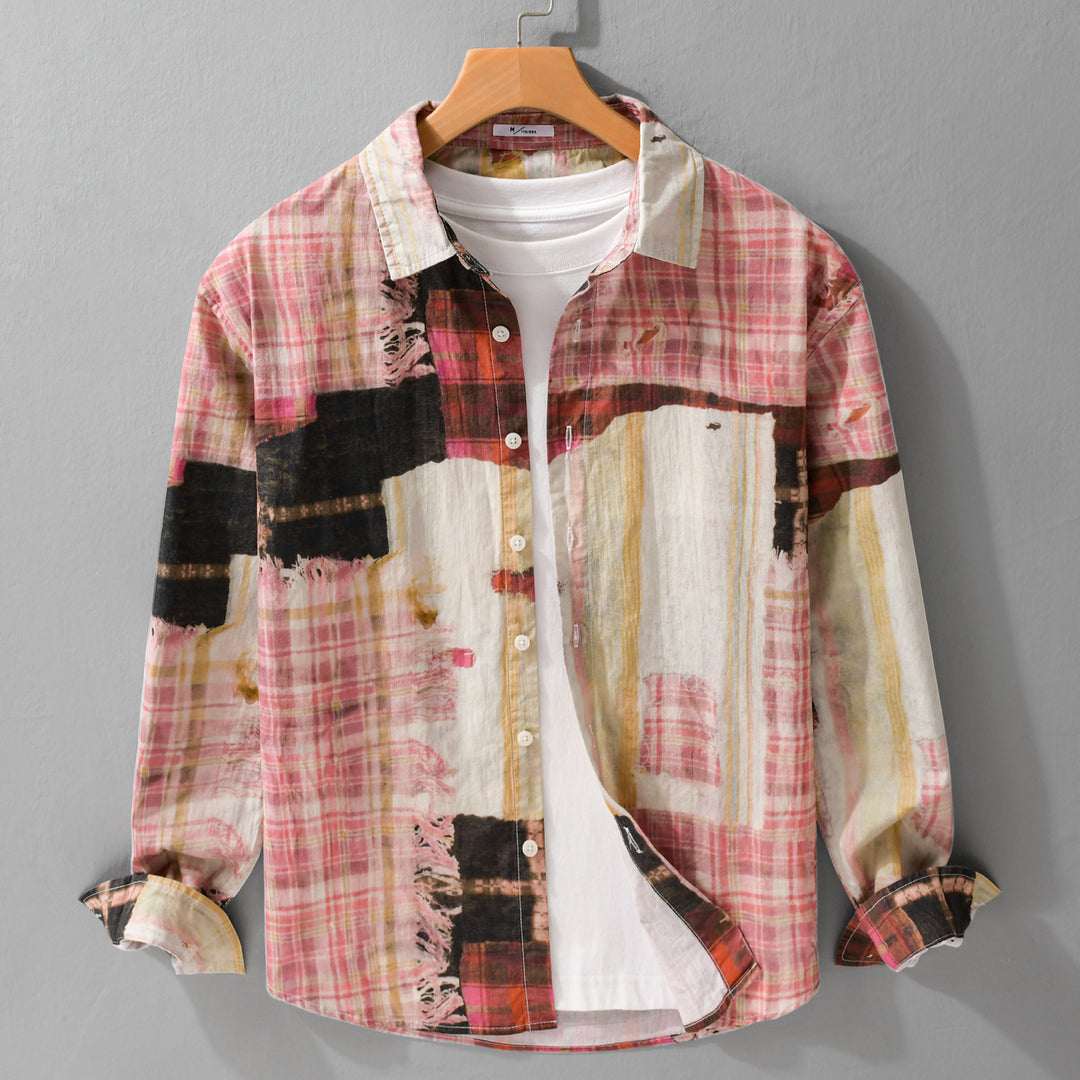 Herren Relaxed Patchwork-Karo Hemdjacke mit ausgefransten Kanten und Crinkle-Finish Echoarchiv
