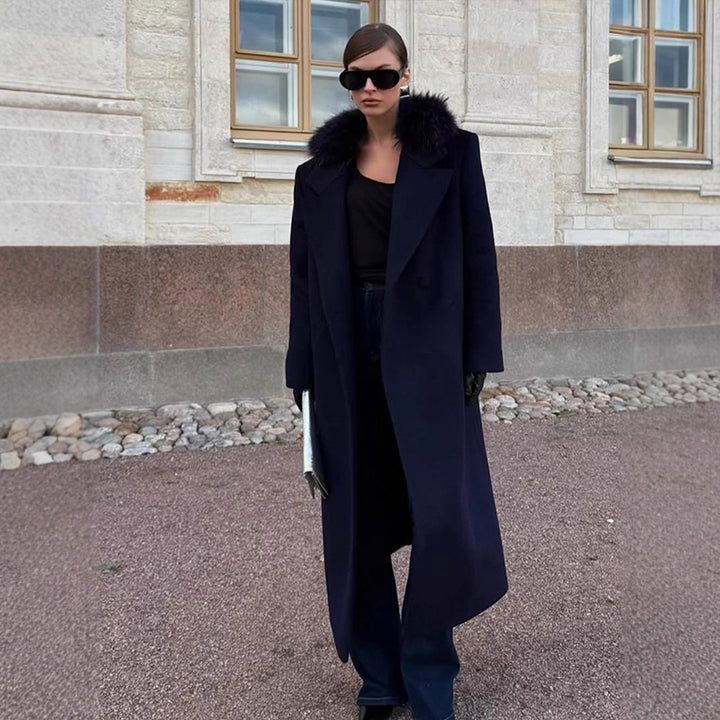 Damen langer Wollmix-Mantel mit großzügigem Kunstpelz‑Schalkragen und Oversize‑Schnitt Echoarchiv