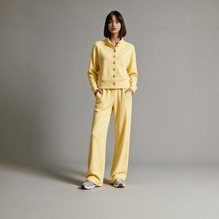 Damen Sweatjacke mit Druckknopfleiste, Stehkragen und weichem Lounge-Schnitt Echoarchiv