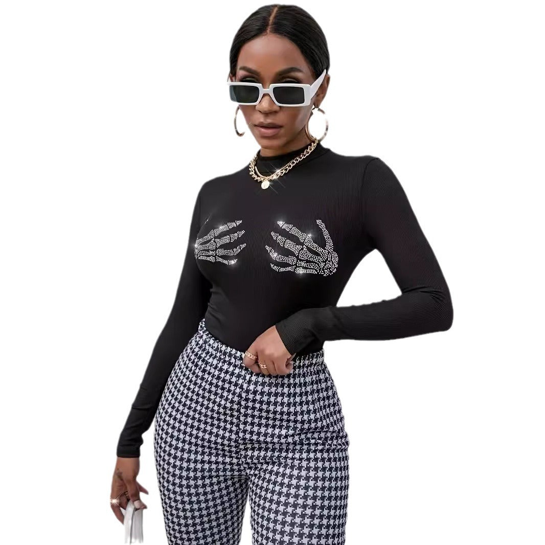 Damen nan figurbetontes transparentes Netz-Langarmshirt mit hohem Kragen und Strass-Skelettmotiv Echo Archiv