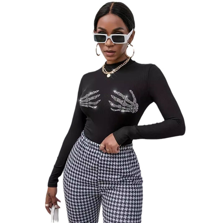 Damen nan figurbetontes transparentes Netz-Langarmshirt mit hohem Kragen und Strass-Skelettmotiv Echo Archiv