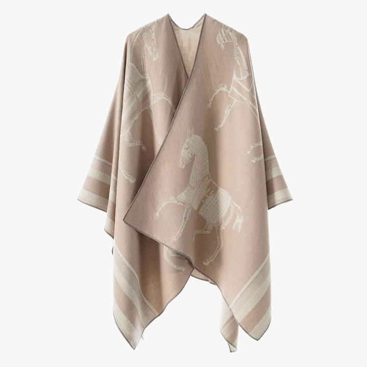 Damen Jacquard-Poncho-Überwurf mit Pferde-Motiv und kastiger Kimono-Silhouette – Célinea