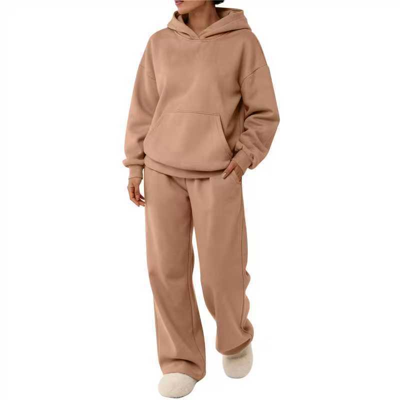 Damen zweiteiliges Freizeit-Lounge-Set mit Kapuzenpullover, Kängurutasche und gerader Loungehose aus weichem Baumwollmix – Auréline