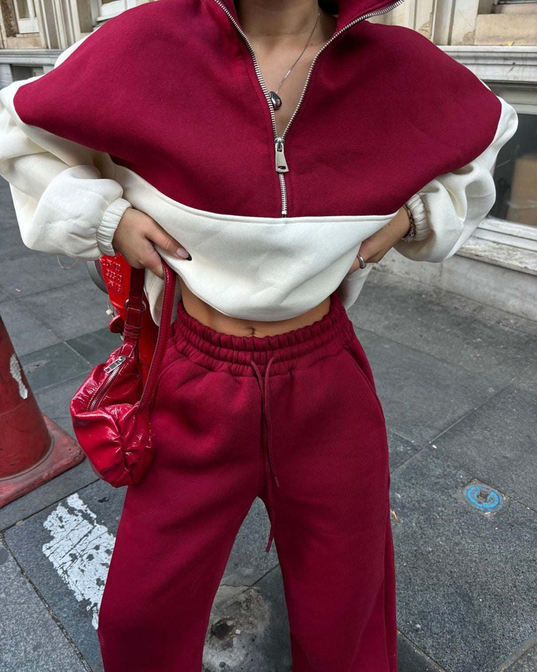 Damen Oversized Zweifarbiges Half-Zip Loungewear-Set mit Stehkragen und weitem Palazzo-Jogger – Avérine