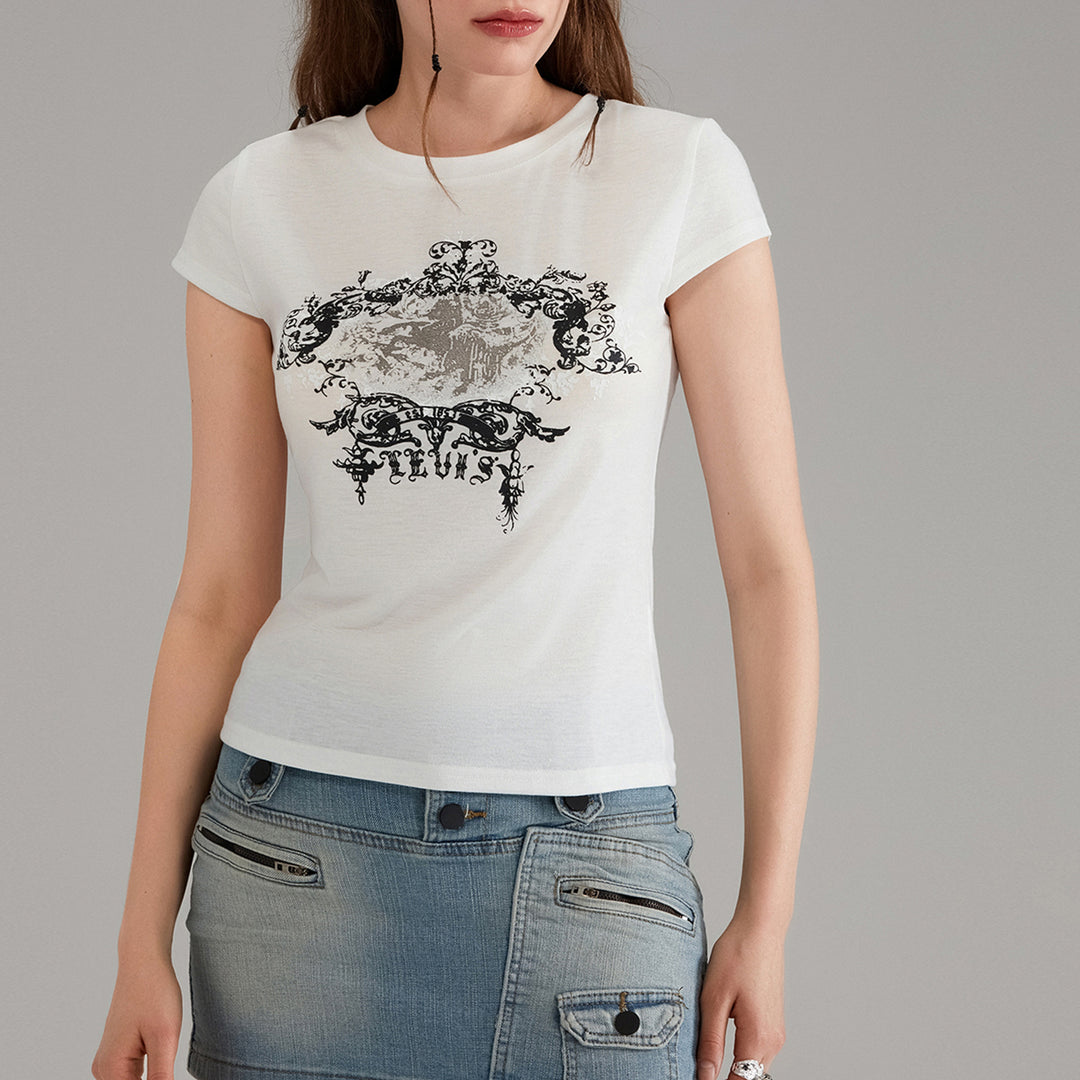 Damen lässiges Grafik-Crop-Top mit Rundhals-Ausschnitt Echo Archiv