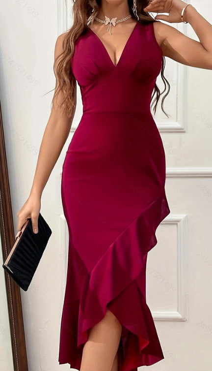 Damen Midikleid mit V-Ausschnitt und asymmetrischem Rüschensaum Echo Archiv