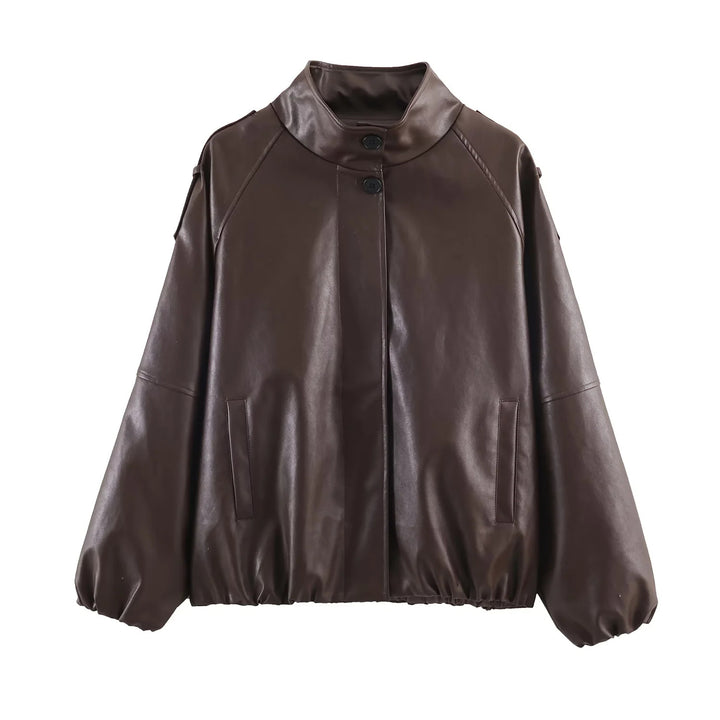 Damen nan oversized Kunstleder-Bomberjacke mit Stehkragen, elastischem Saum und verdeckter Druckknopfleiste Echo Archiv