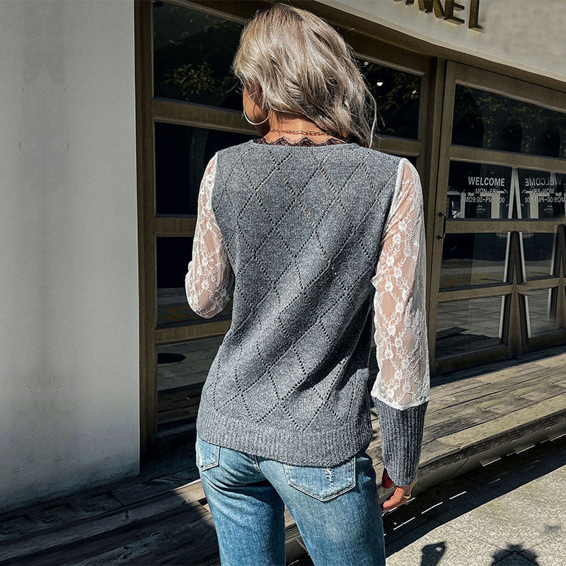 Damen Strickpullunder mit Argyle‑Struktur und transparenten Spitzenärmeln Echoarchiv