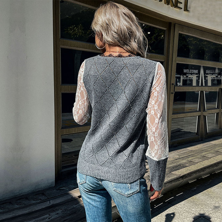 Damen Strickpullunder mit Argyle‑Struktur und transparenten Spitzenärmeln Echoarchiv