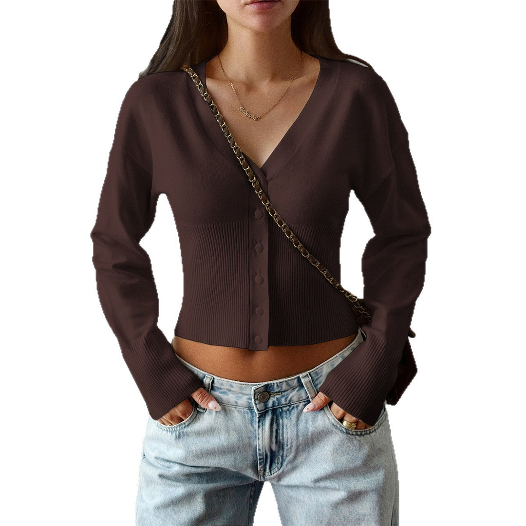 Damen taillierte Cropped-Strickjacke mit tiefem V-Ausschnitt, geripptem Bund und durchgehender Knopfleiste – Veloura