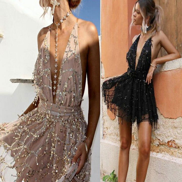 Damen Glitzerndes Cocktailkleid mit Tiefem V-Ausschnitt und Schwingendem Rock Echoarchiv