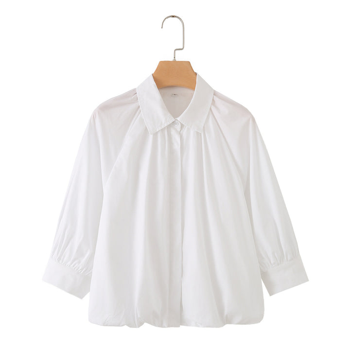Damen Weites Blusenshirt mit Kellerfalten Ballonärmeln und Hemdkragen Echo Archiv