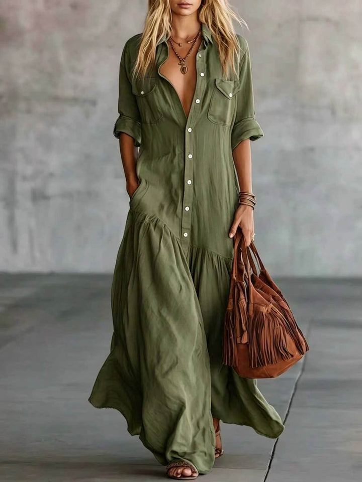 Damen Langes fließendes Hemdblusen-Maxikleid mit Knopfleiste, aufgesetzten Brusttaschen und seitlichen Eingrifftaschen Echoarchiv