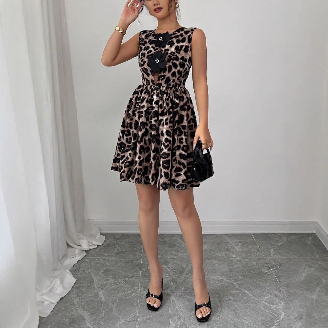Damen nan kurzes Partykleid mit Leopardenmuster, floralen Applikationen und tailliertem Ballonrock Echo Archiv