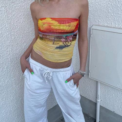 Damen Bandeau-Oberteil mit buntem, künstlerischem Druck und elastischem Material Echo Archiv