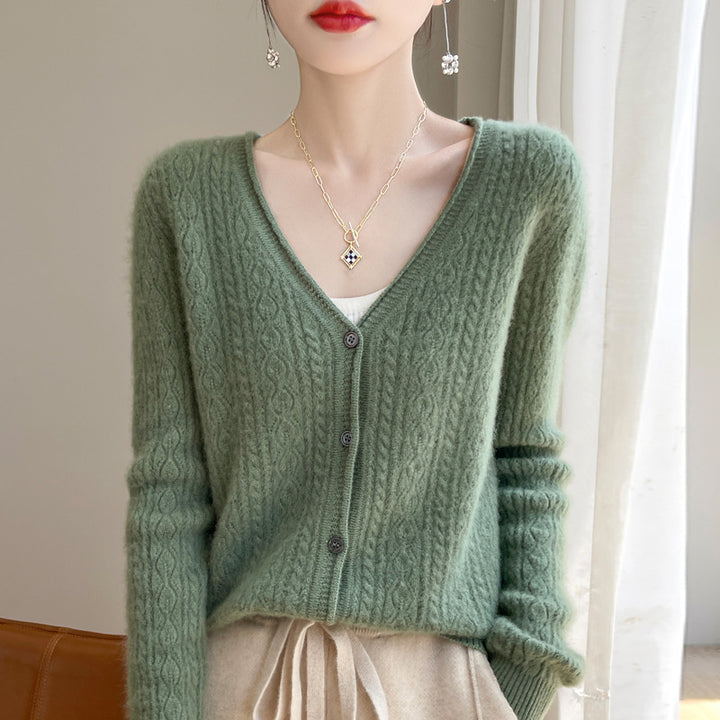 Damen Kurzer Zopfmuster-Cardigan im Mohair-Look mit V‑Ausschnitt und gerippten Bündchen Echoarchiv