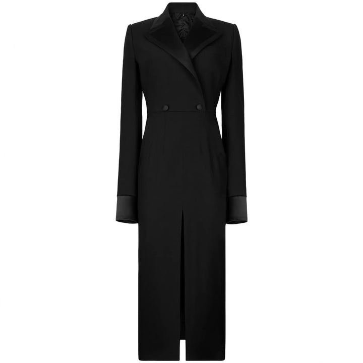 Damen Tailliertes Blazerkleid im Longcut mit Satinrevers und Frontschlitz Echoarchiv