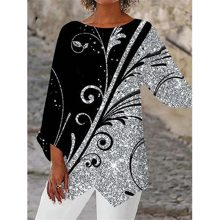 Damen asymmetrisches A-Linien-Tunika mit ornamentalem Druck und spitzem Saum Echoarchiv