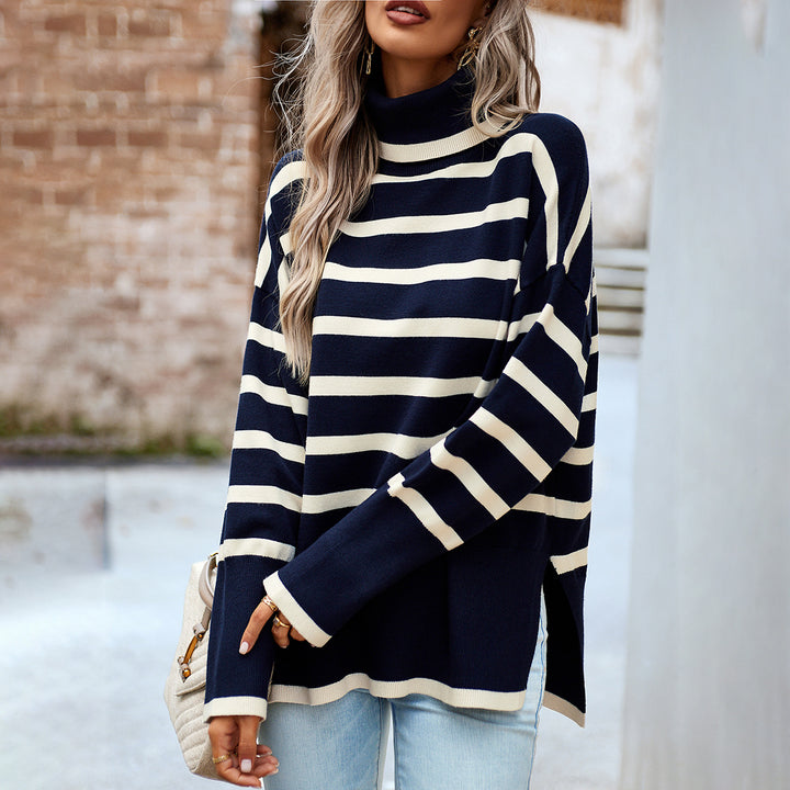Damen Oversize Rollkragenpullover mit Querstreifen, weitem Schnitt und seitlichen Schlitzen – Mavelle
