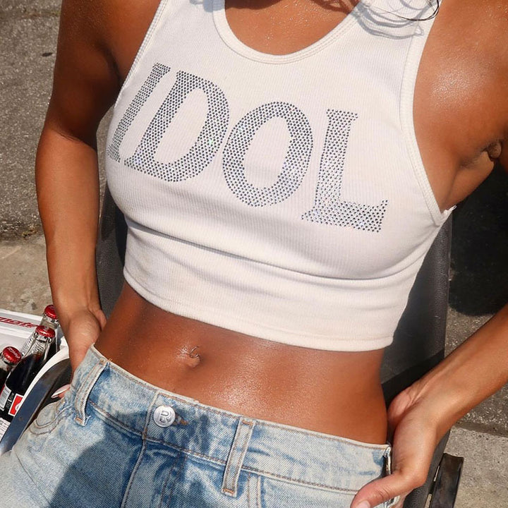 Damen trendy Cropped Top mit funkelndem Schriftzug und prägnantem Schmetterlingsdesign Echo Archiv