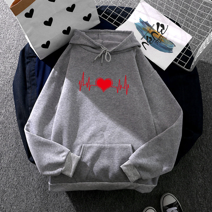 Unisex oversized Kapuzenpullover mit Herz-EKG-Print und Kängurutasche – Auréline