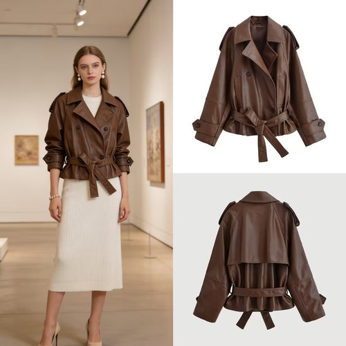 Damen Kurz geschnittener Kunstleder-Trenchcoat mit Bindegürtel und Schulterriegel Echo Archiv