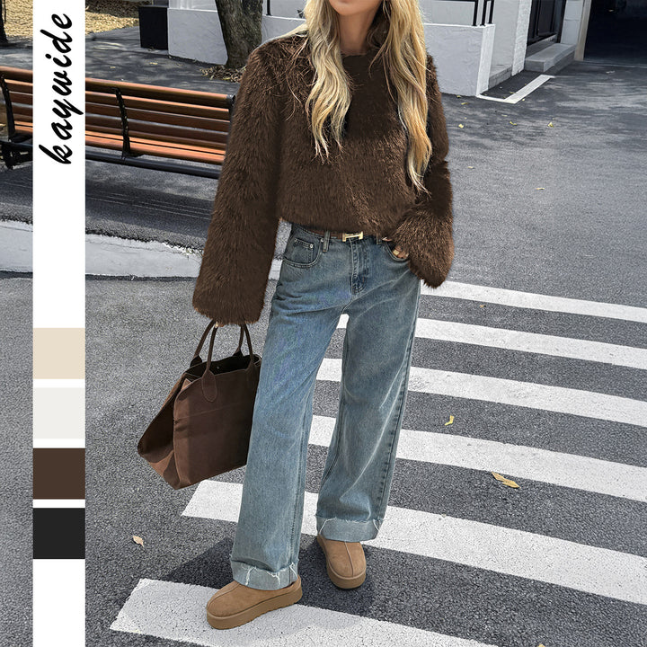 Damen kuscheliger Cropped-Faux-Fur-Pullover mit ausgestellten Ärmeln – Mavelle
