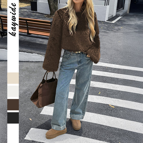 Damen kuscheliger Cropped-Faux-Fur-Pullover mit ausgestellten Ärmeln – Mavelle