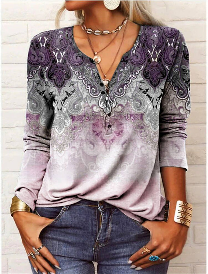 Damen Lockeres Langarm‑Henleyshirt mit V‑Ausschnitt, Knopfleiste und Ombre‑Print – Avérine