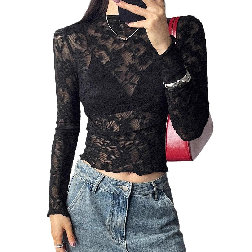 Damen nan eng anliegendes Spitzen-Langarmshirt mit floraler Ajour-Spitze, leicht transparent und Stehkragen Echo Archiv