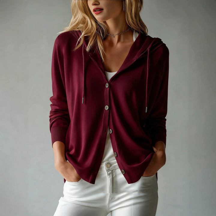 Damen leichter Kapuzen-Cardigan mit Knopfleiste und Tunnelzug – Veloura